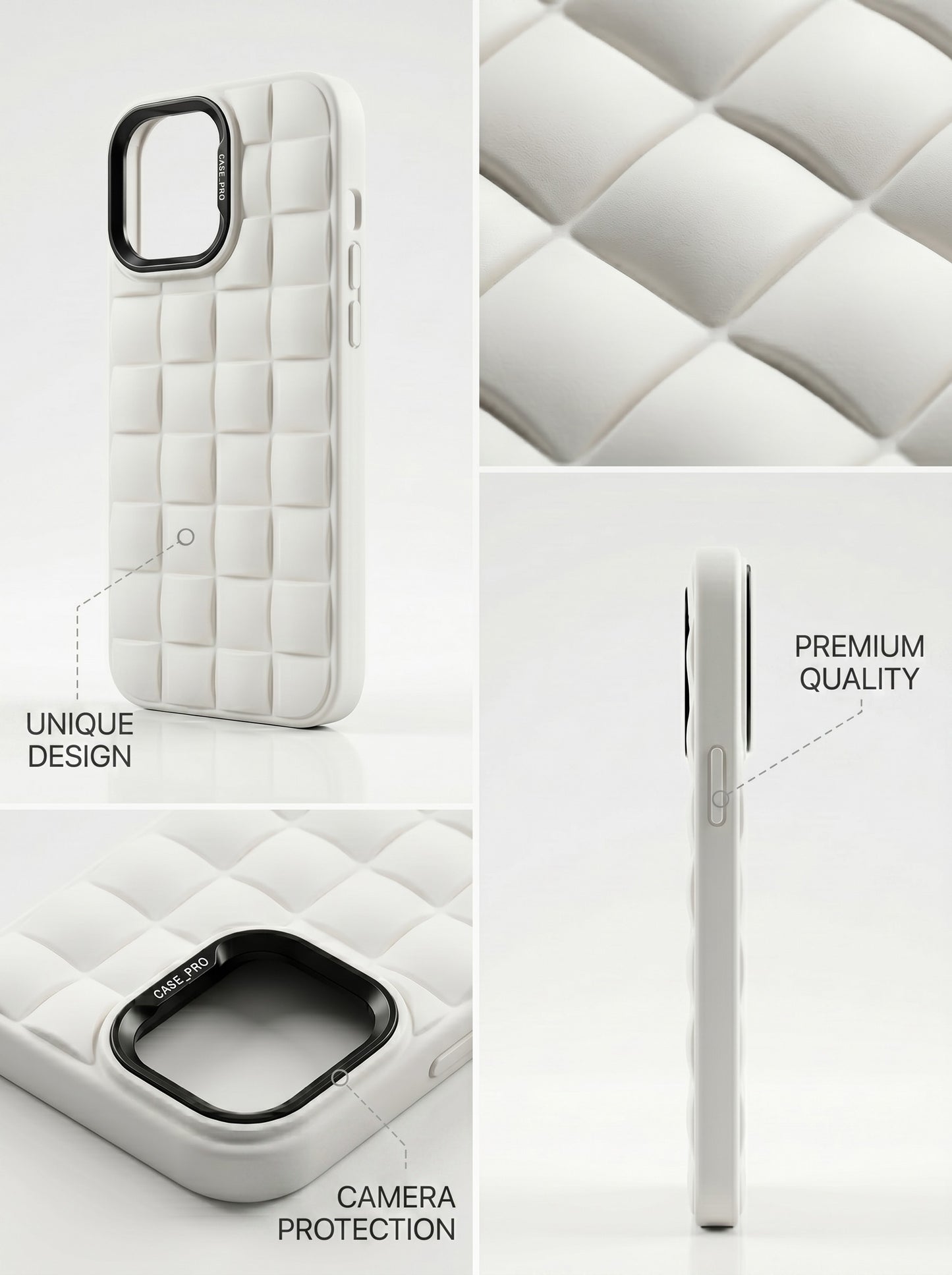 Case Pro Bubble Case White iPhone X to 16 Pro Max – Unique Quilted Design Camera Protection