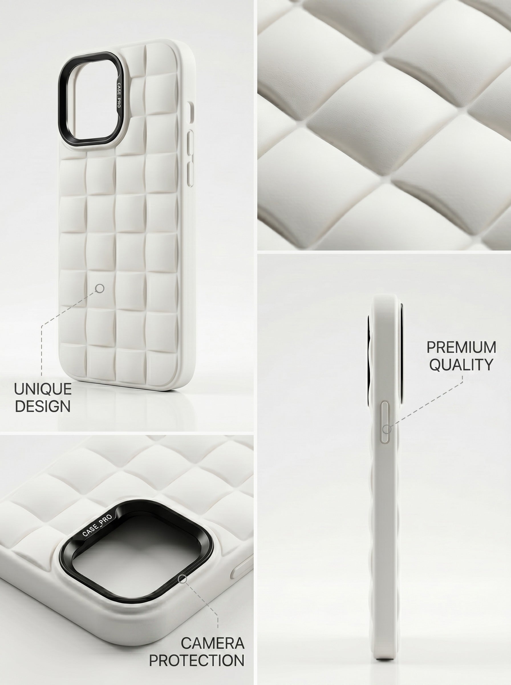 Case Pro Bubble Case White iPhone X to 16 Pro Max – Unique Quilted Design Camera Protection