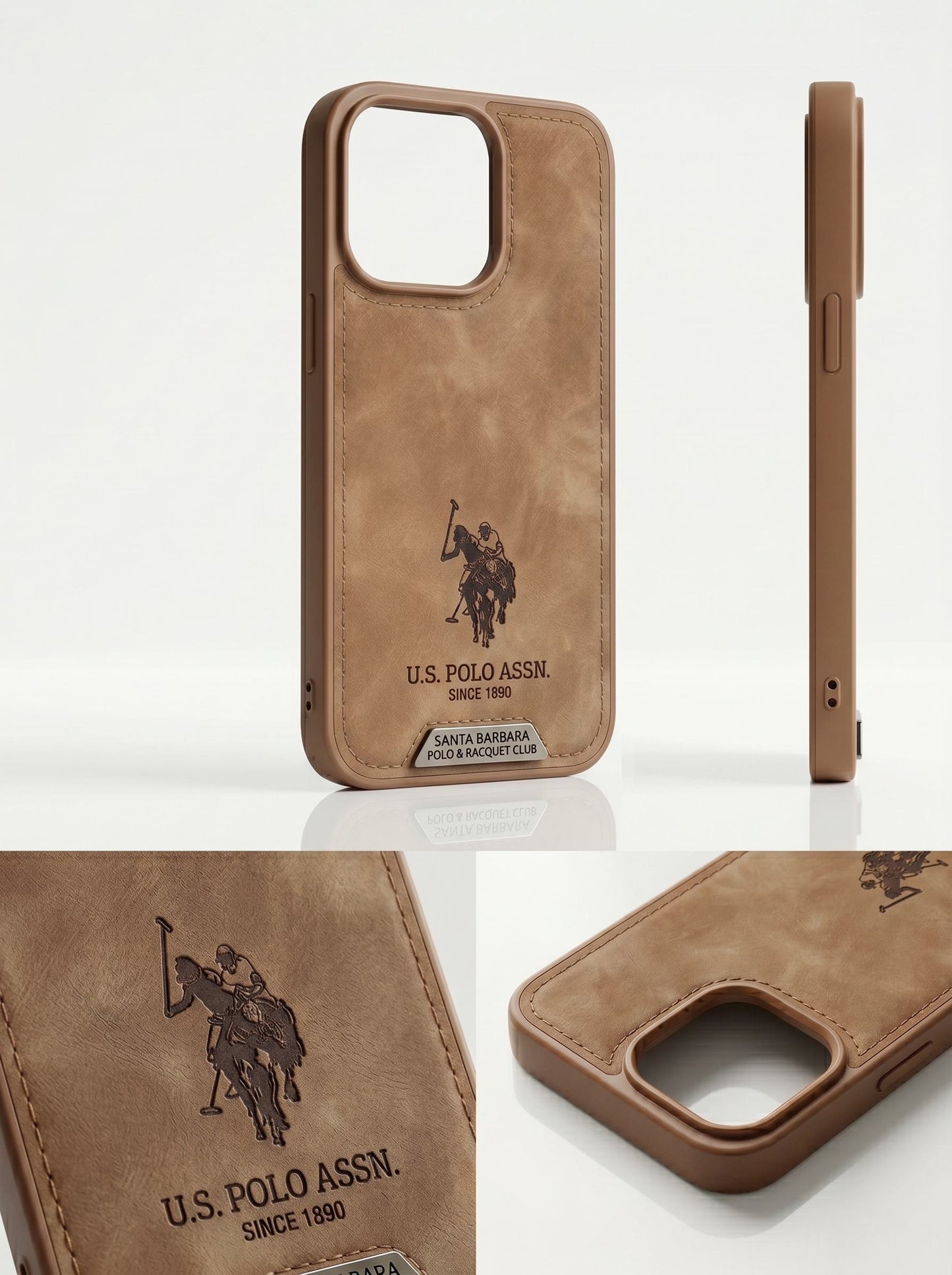 US Polo Assn Leather Case Brown Detail View – Precision Stitch Camera Protection