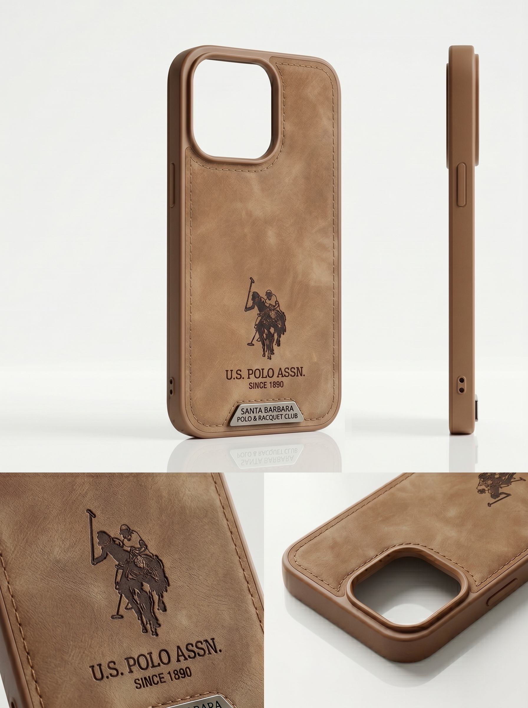 US Polo Assn Leather Case Brown Detail View – Precision Stitch Camera Protection