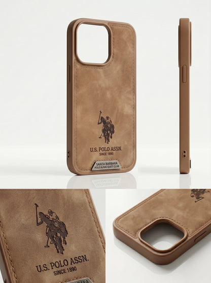 US Polo Assn Leather Case Brown Detail View – Precision Stitch Camera Protection