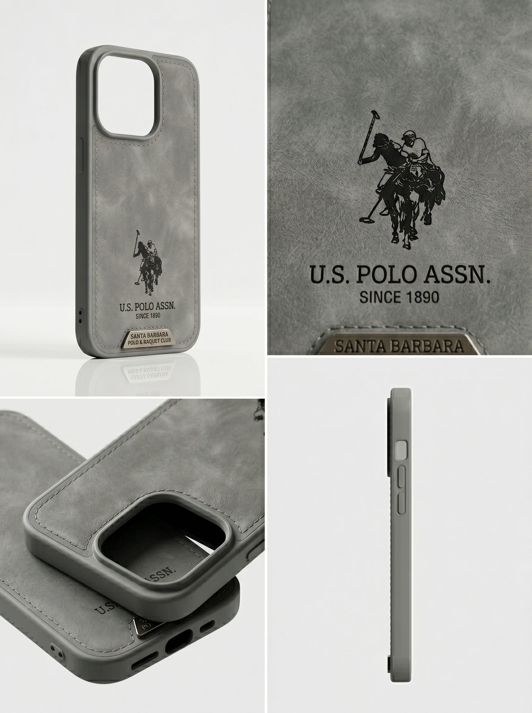 US Polo Assn Leather Case Grey Detail View – Precision Stitch Camera Protection Premium Finish