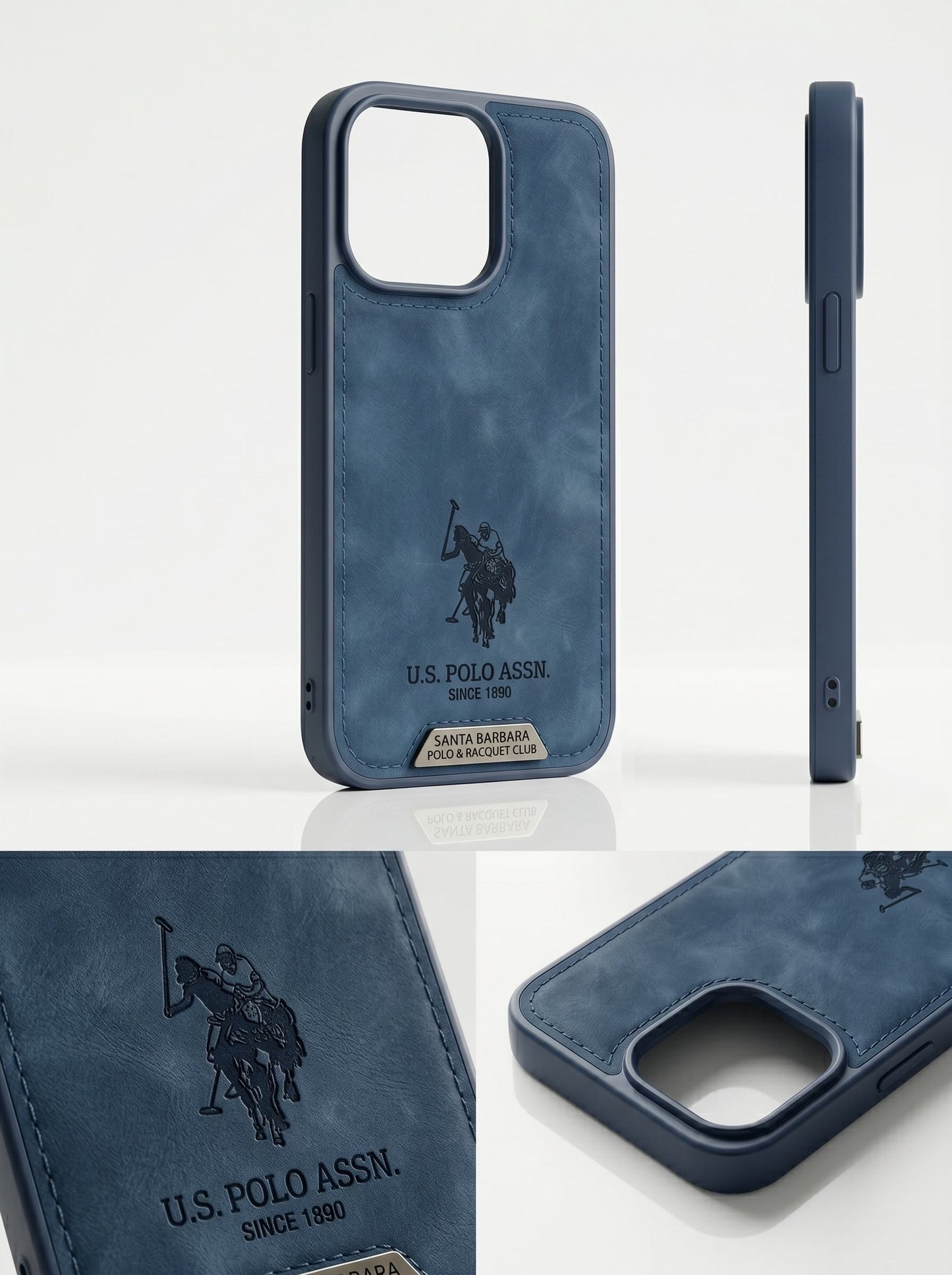 US Polo Assn Leather Case Navy Blue Detail View – Precision Stitch Camera Protection